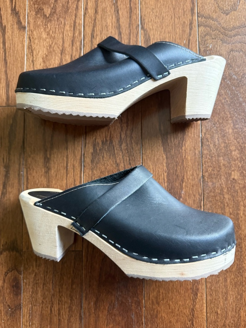 Lotta From Stockholm Black Leather Clog Heels with Natural Wood Platform size 38